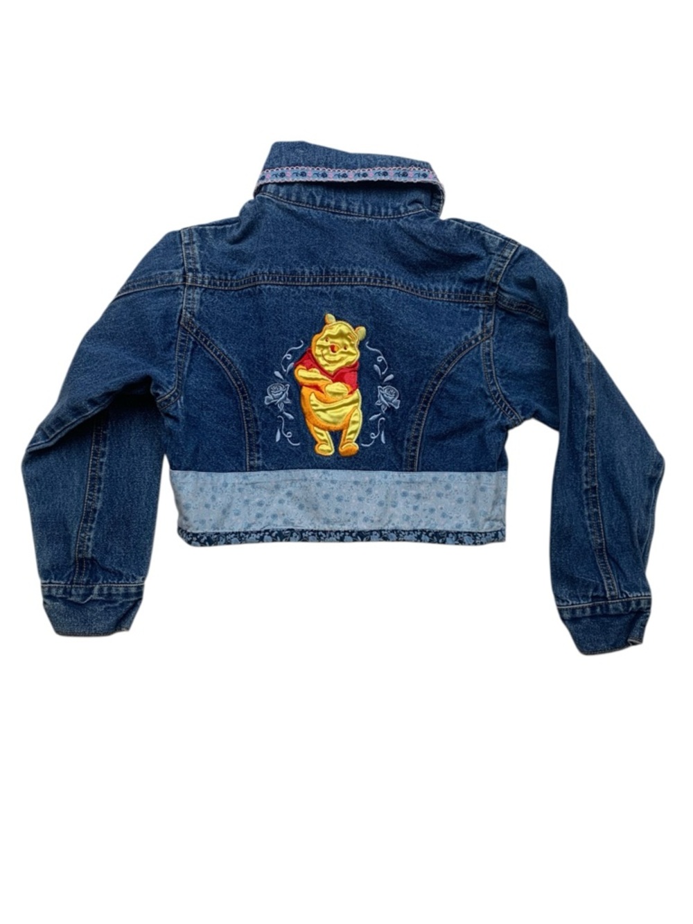 y2k Pooh bear size 4/5 xs Girls' Blue Denim Jacket vintage Floral Trim